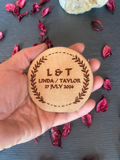 Custom Beech Wood Wedding Favors - Personalized Coasters & Magnets, 4" Solid Wood, Bulk Guest Gifts