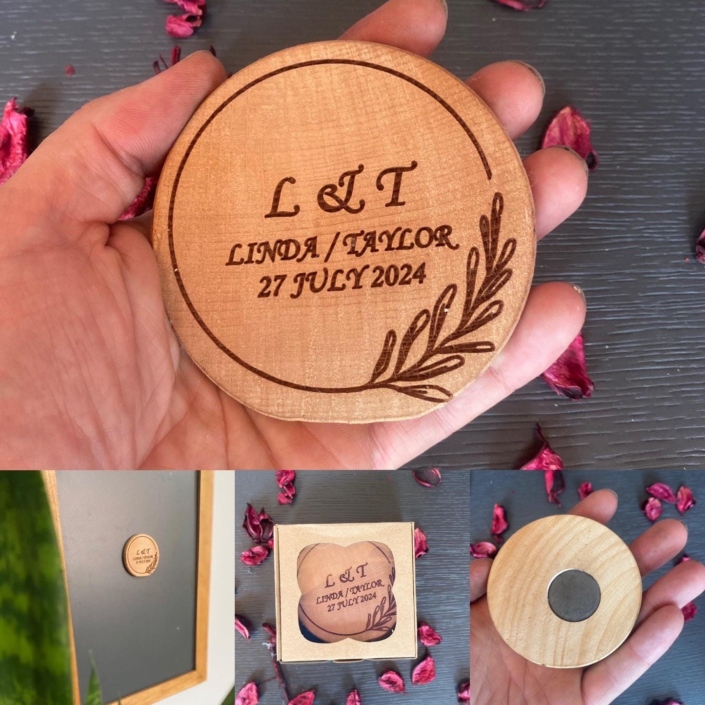 Custom Beech Wood Wedding Favors - Personalized Coasters & Magnets, 4" Solid Wood, Bulk Guest Gifts