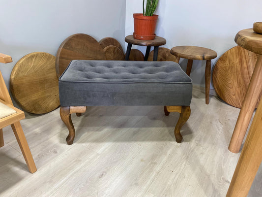 Upholstered Pouf Ottoman Bench - Solid Beech Wood, Queen Anne Legs, Velvet, Leather, Cotton Options - Perfect for Tables, Makeup Stools