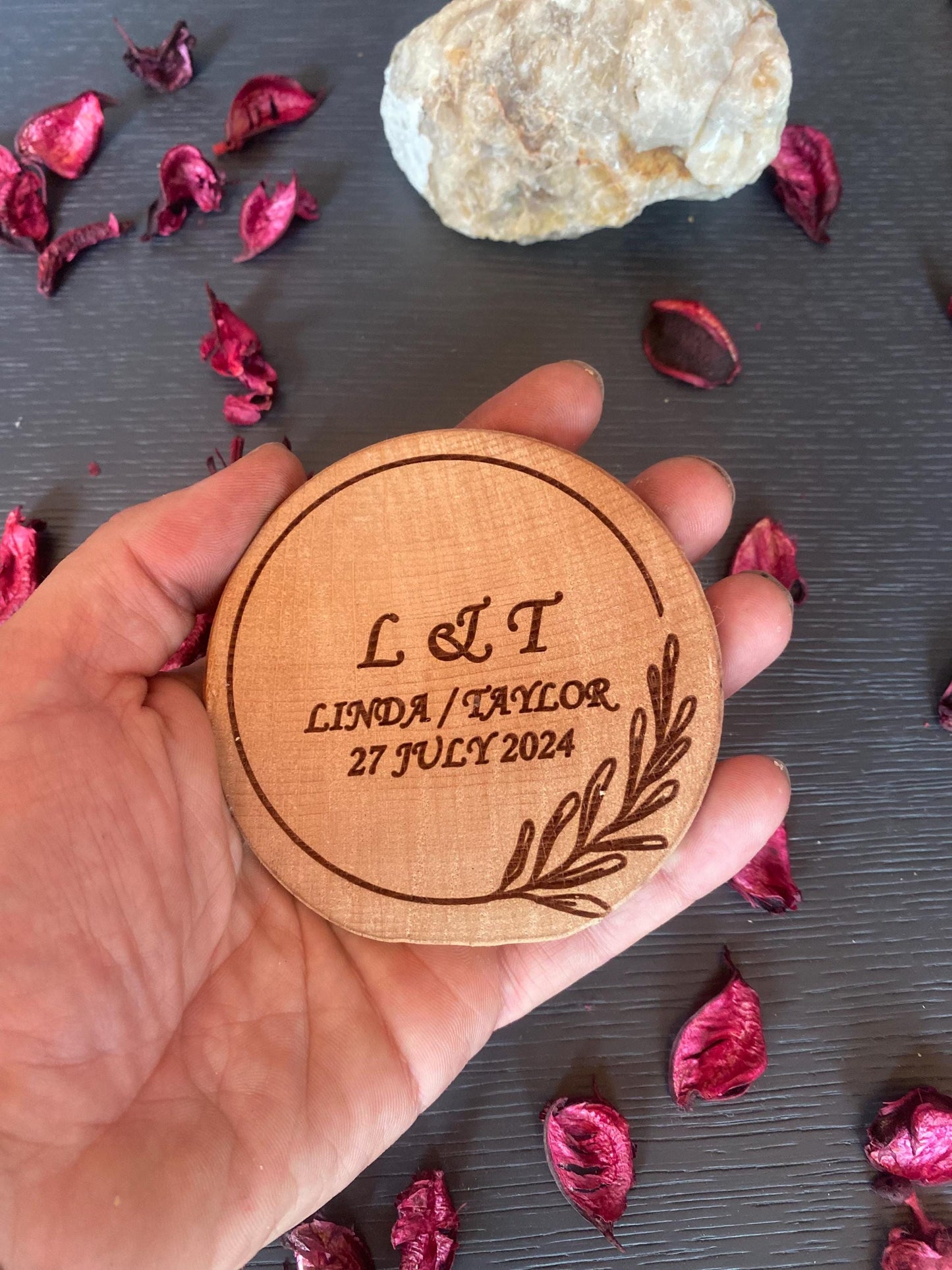 Custom Beech Wood Wedding Favors - Personalized Coasters & Magnets, 4" Solid Wood, Bulk Guest Gifts