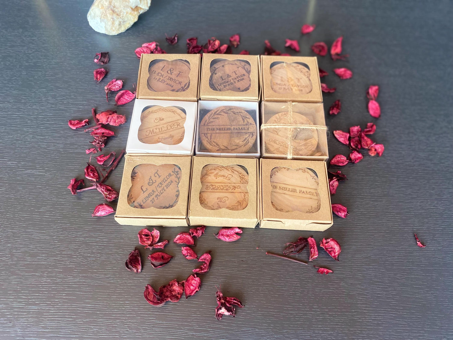 Custom Beech Wood Wedding Favors - Personalized Coasters & Magnets, 4" Solid Wood, Bulk Guest Gifts